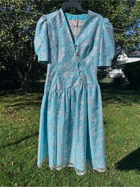 VINTAGE 80s Halston Aqua/Silver Dress